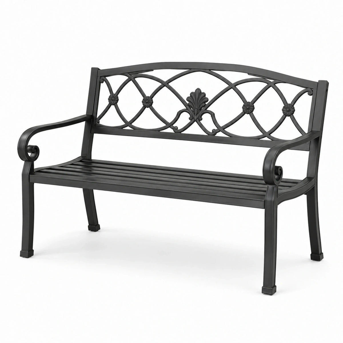 Banc de jardin en métal noir 127 × 60 × 85 cm, 2 places avec dossier décoratif