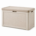 Coffre de rangement extérieur en résine beige effet rotin avec couvercle, 90 × 45 × 55 cm