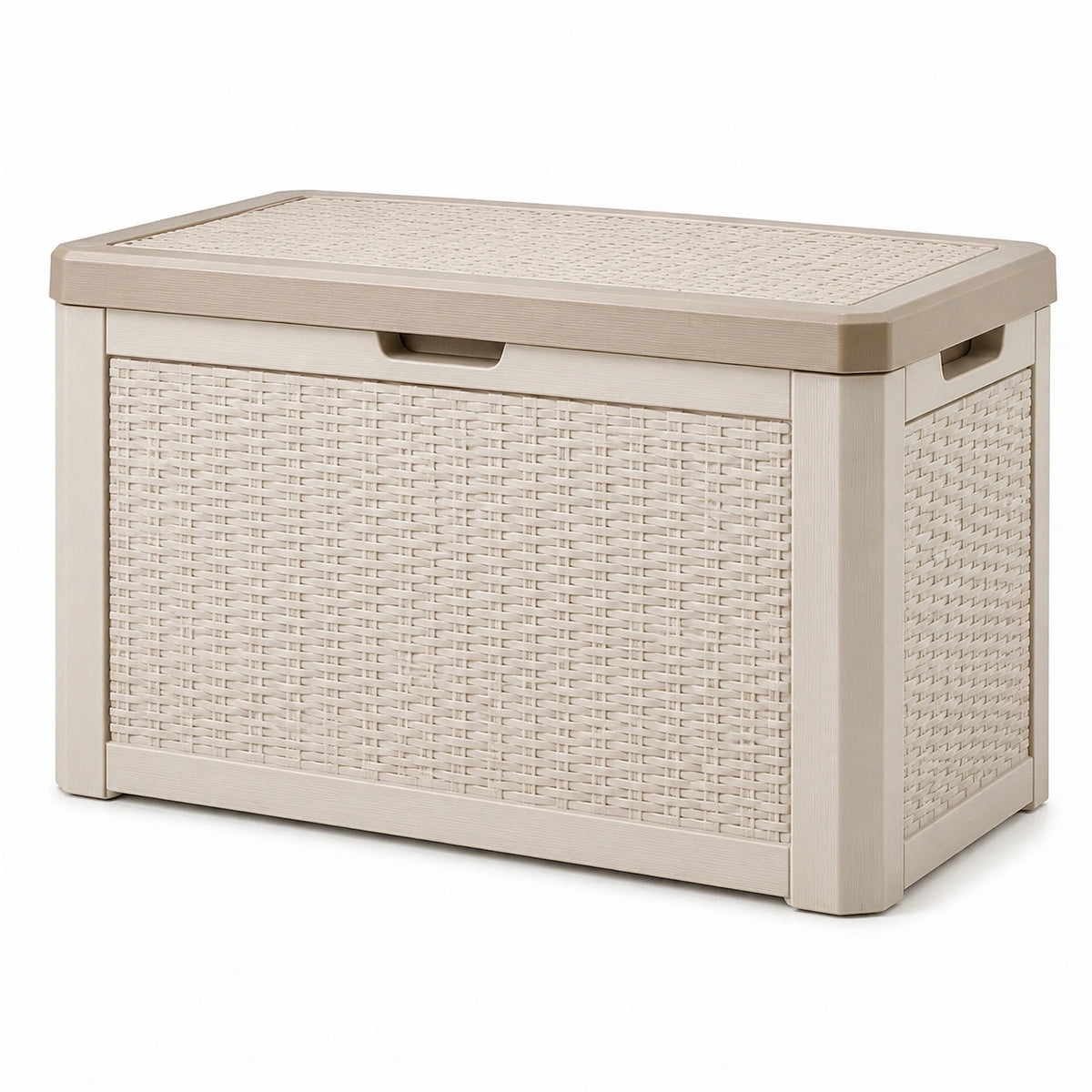 Coffre de rangement extérieur en résine beige effet rotin avec couvercle, 90 × 45 × 55 cm
