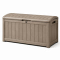 Coffre de rangement extérieur en résine taupe effet bois avec couvercle verrouillable, 120 × 55 × 60 cm