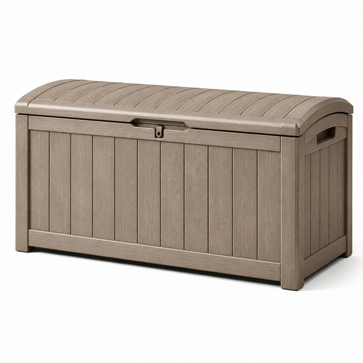 Coffre de rangement extérieur en résine taupe effet bois avec couvercle verrouillable, 120 × 55 × 60 cm