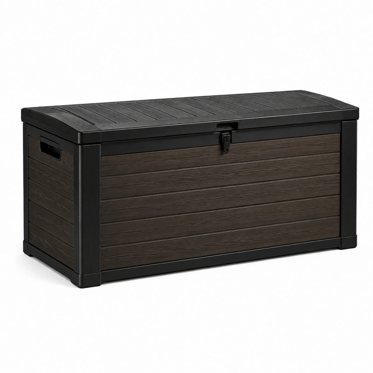 Coffre de rangement extérieur en résine effet bois, noir et brun foncé, 120 × 55 × 60 cm, couvercle verrouillable