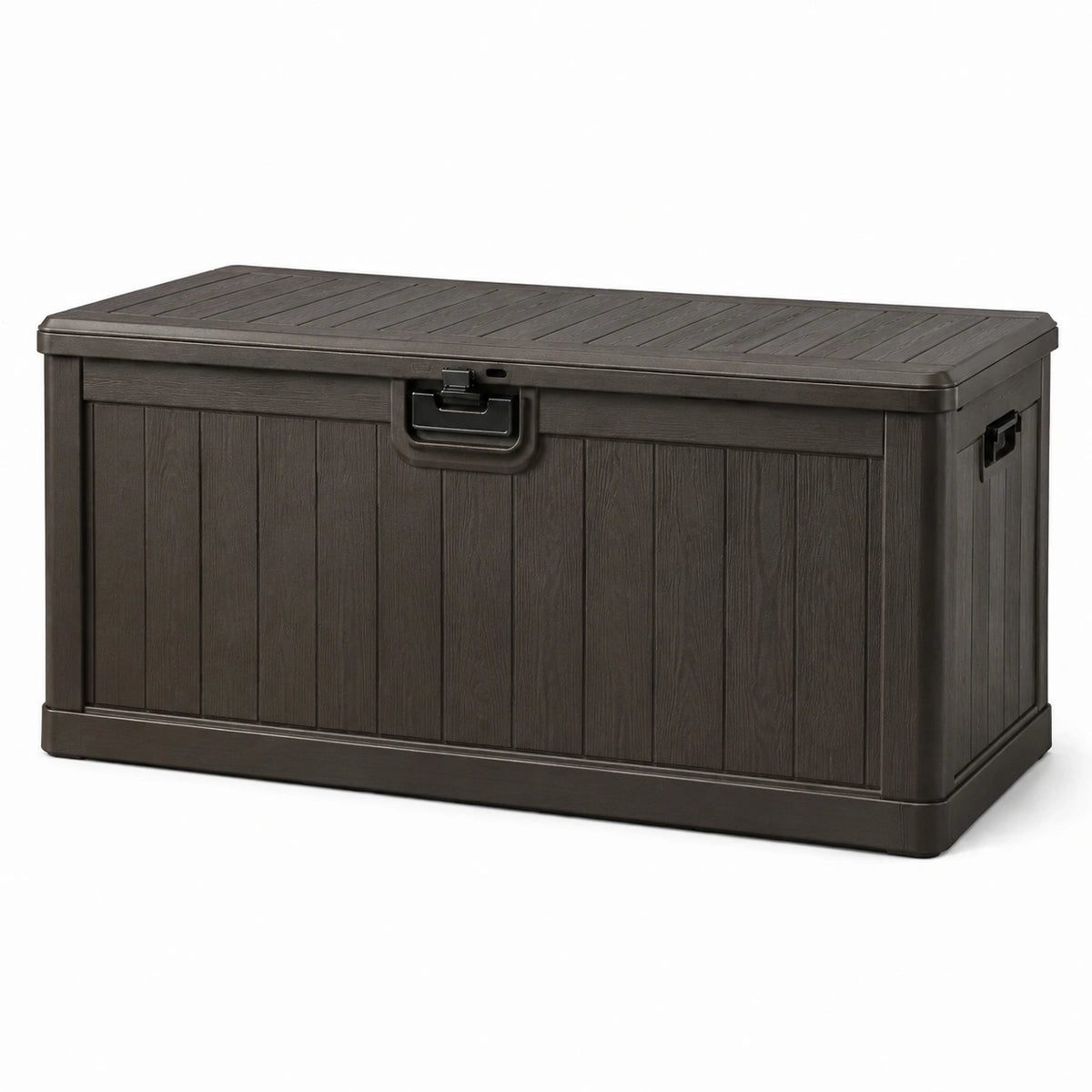 Coffre de rangement extérieur en résine brun foncé et noir, aspect bois, verrouillable, 155 × 72 × 64 cm