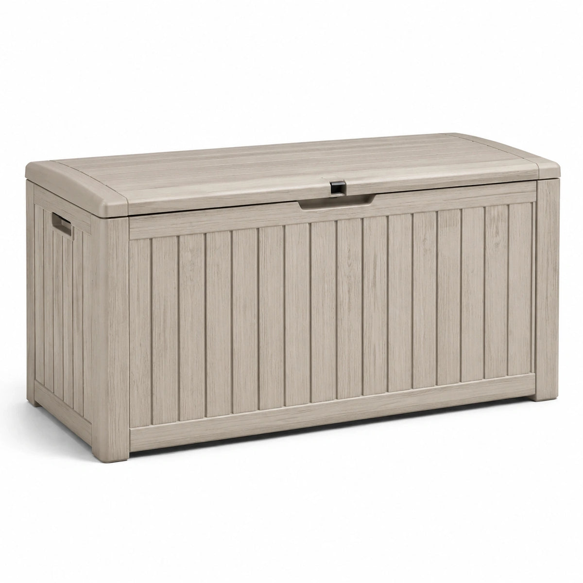 Coffre de rangement extérieur en résine taupe effet bois, 145 × 70 × 60 cm, couvercle verrouillable