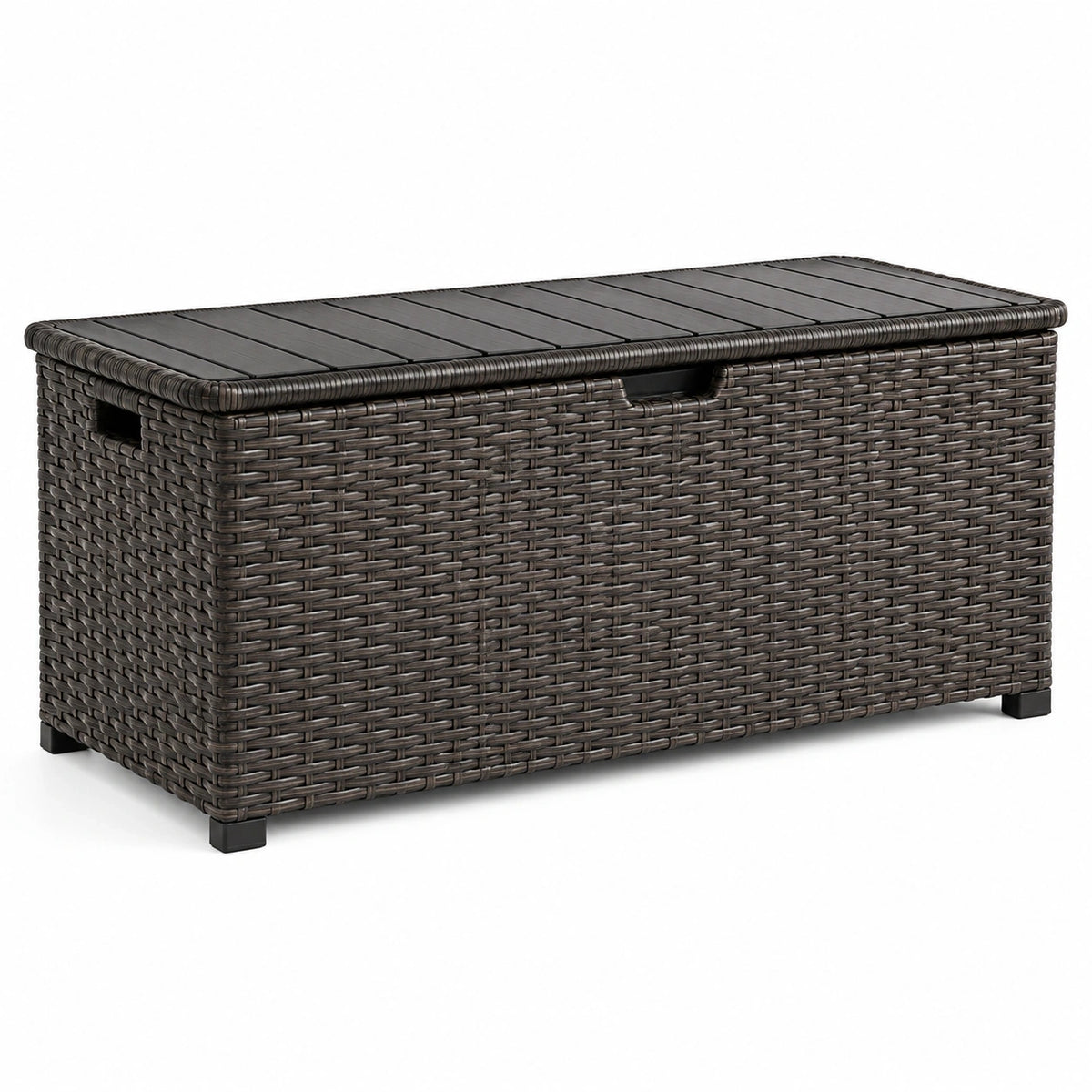 Coffre de rangement extérieur en résine tressée marron et noire avec couvercle, 120 × 50 × 60 cm