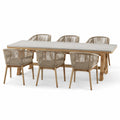 Ensemble repas 7 pièces avec table 240 × 100 × 76 cm et 6 fauteuils 59 × 63 × 78 cm, bois naturel, beige et gris clair