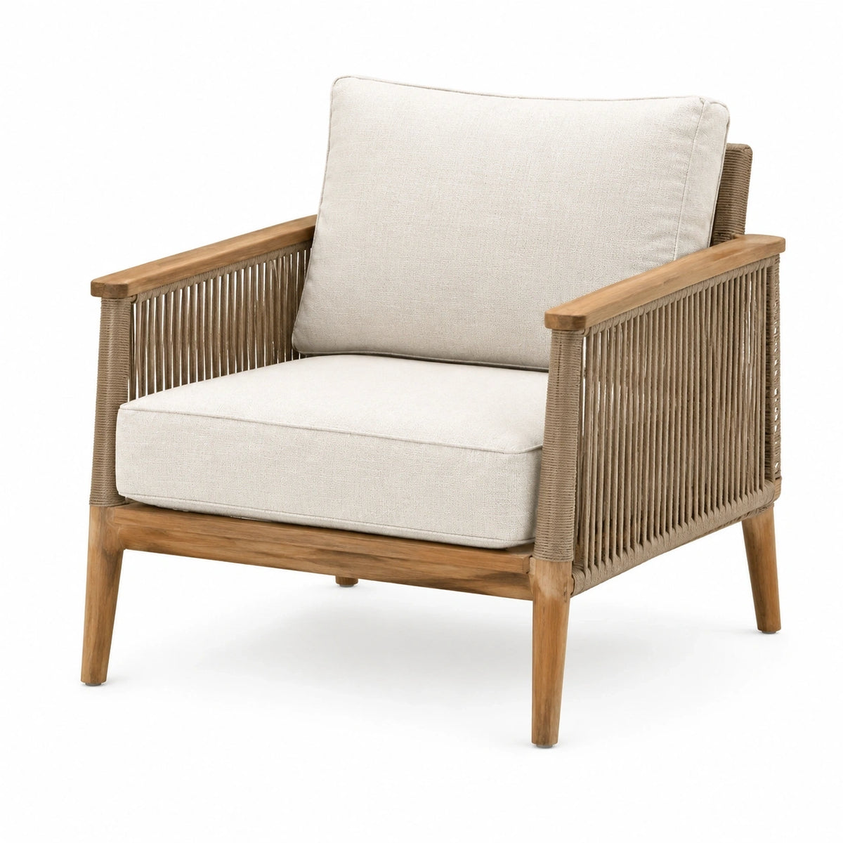 Fauteuil de jardin en bois et corde tressée avec coussins écrus, 75 × 80 × 82 cm