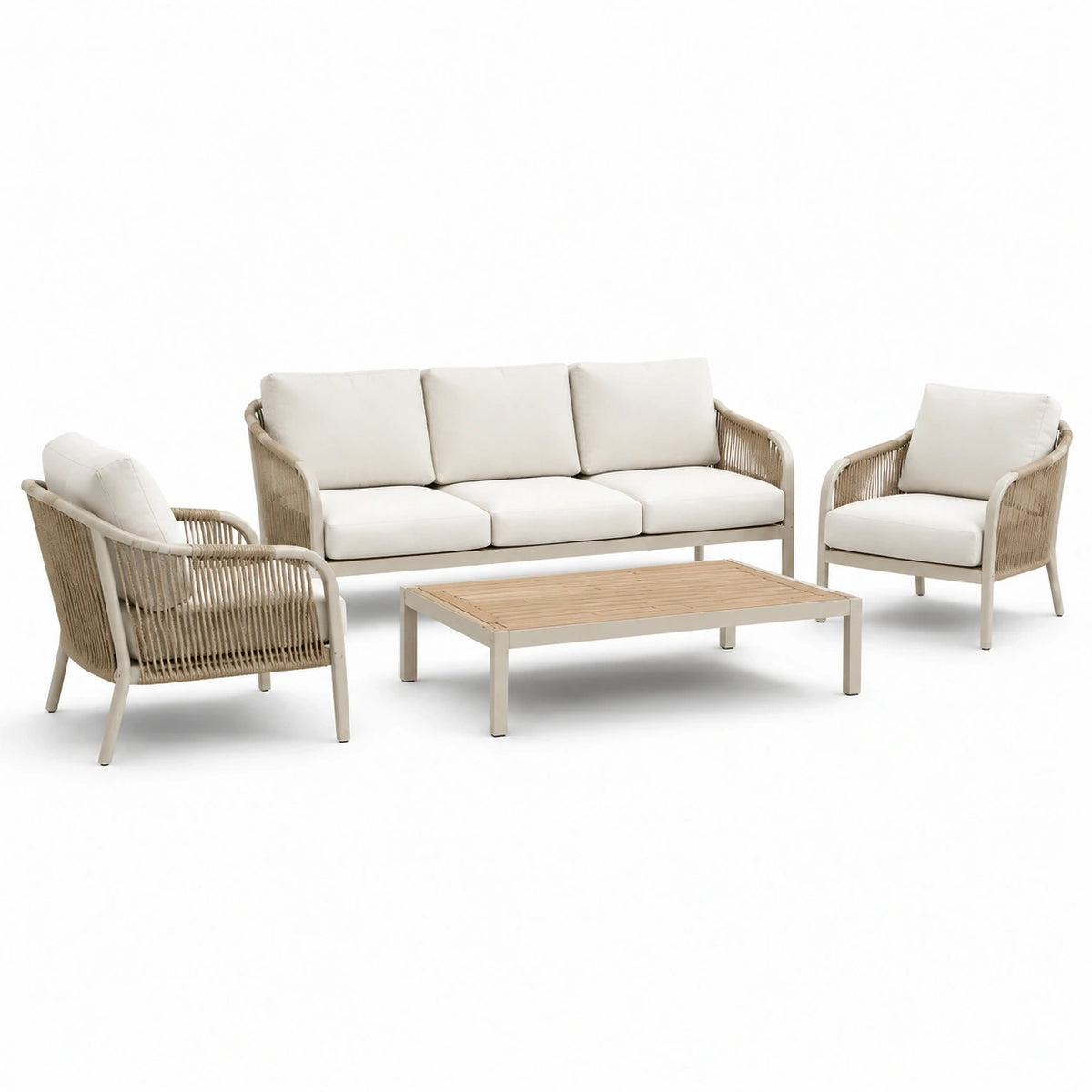 Ensemble de jardin 4 pièces beige, taupe et blanc cassé avec canapé 198 × 82 × 80 cm, 2 fauteuils 78 × 82 × 79 cm et table basse 120 × 65 × 38 cm