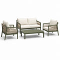 Salon de jardin 4 pièces vert olive et beige avec canapé 142 × 77 × 76 cm, 2 fauteuils 68 × 77 × 76 cm et table basse 100 × 55 × 38 cm