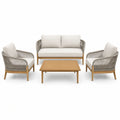 Mobilier de jardin 4 pièces beige, bois naturel et gris taupe avec canapé, 2 fauteuils et table basse