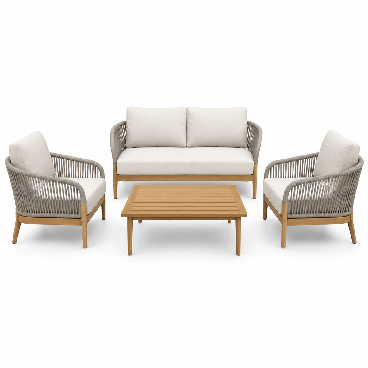 Mobilier de jardin 4 pièces beige, bois naturel et gris taupe avec canapé, 2 fauteuils et table basse