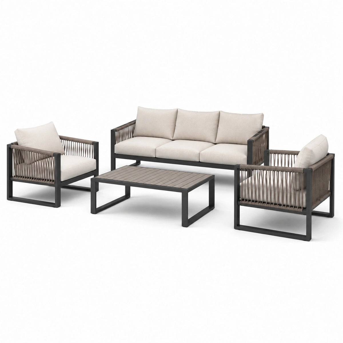 Salon de jardin 4 pièces en métal, cordage taupe et coussins beiges – canapé 198 × 75 × 78 cm, fauteuils 76 × 75 × 78 cm, table 110 × 60 × 40 cm