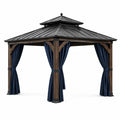 Tonnelle de jardin en bois brun 300 × 300 × 300 cm avec toit rigide noir et rideaux bleu marine