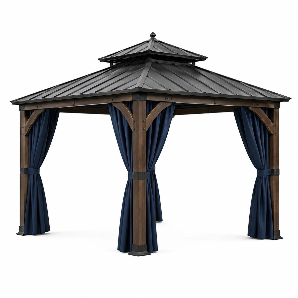 Tonnelle de jardin en bois brun 300 × 300 × 300 cm avec toit rigide noir et rideaux bleu marine