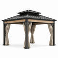 Pavillon de jardin en métal anthracite avec toit rigide à double niveau et rideaux beiges, 400 × 300 × 310 cm