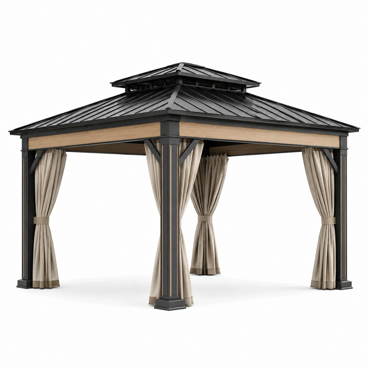 Pavillon de jardin en métal anthracite avec toit rigide à double niveau et rideaux beiges, 400 × 300 × 310 cm