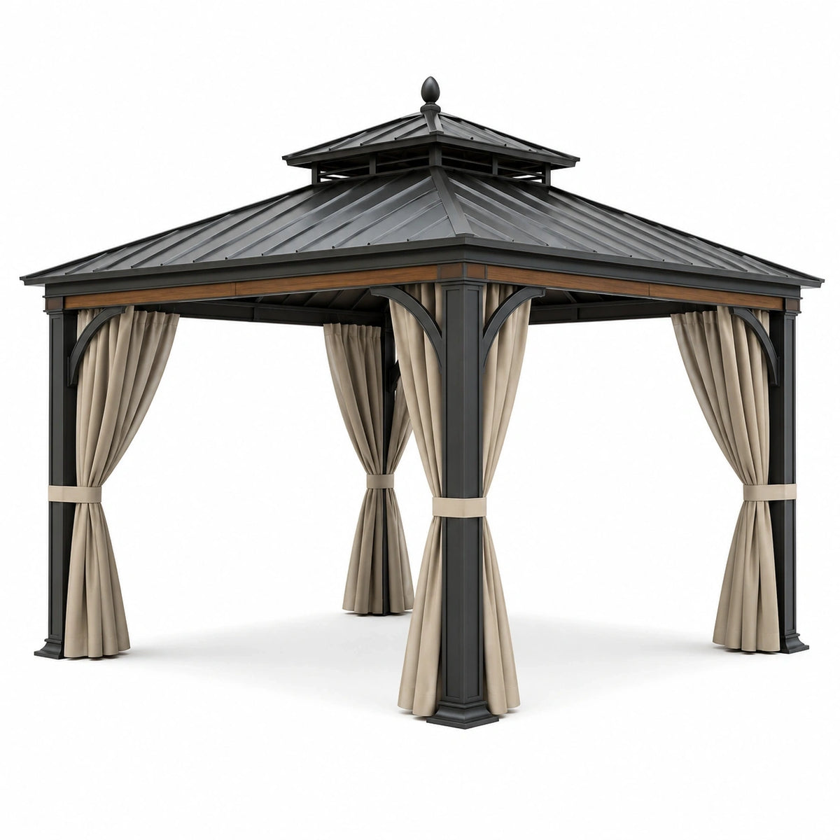 Pavillon de jardin anthracite avec toit rigide et rideaux beiges, 300 × 300 × 310 cm