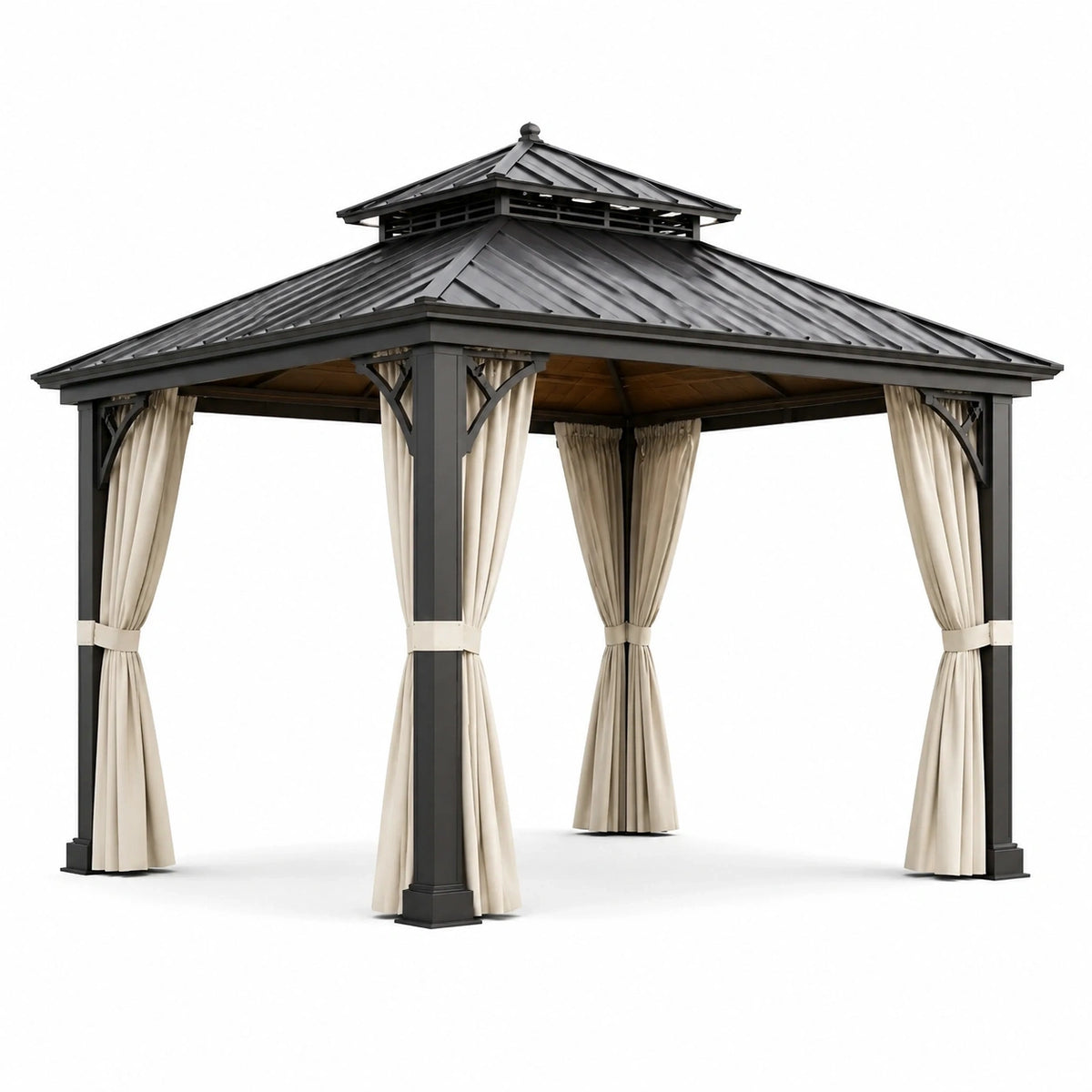 Tonnelle de jardin anthracite et beige 300 × 300 × 290 cm avec toit rigide et rideaux